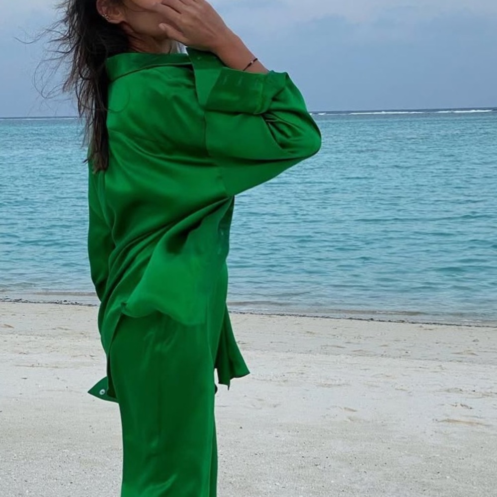 Green Silk Button down shirt